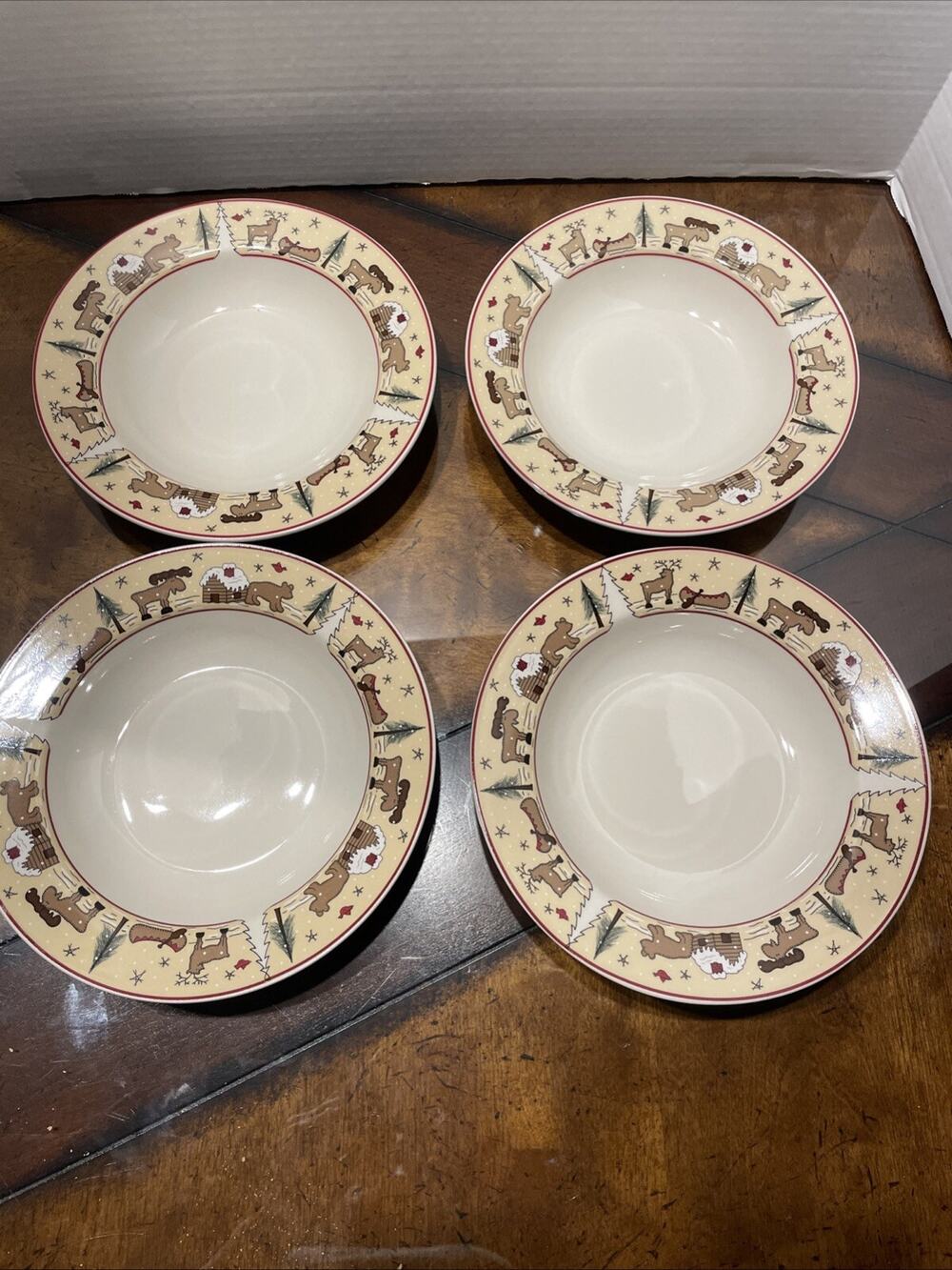 VTG GINGER CREEK Northwoods Moose Cabin Stoneware Soup Salad Bowls Set Of 4